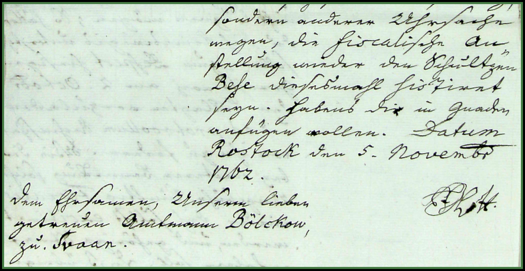 1762 - Schreiben von Herzog Friedrich an dem Amtmann Bölckow